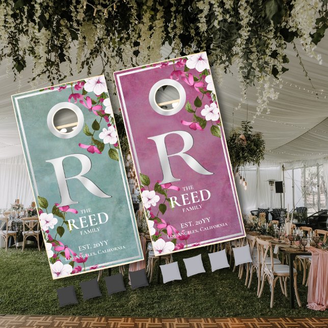 Smokey Teal Magenta Floral Letter R Monogram  Cornhole Set (Creator Uploaded)