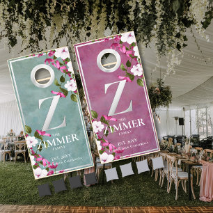 Smokey Teal Magenta Floral Letter Z Monogram Cornhole Set