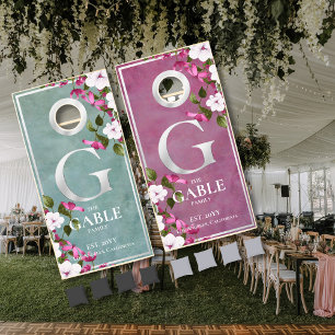 Smokey Teal Magenta Floral Metallic White Monogram Cornhole Set