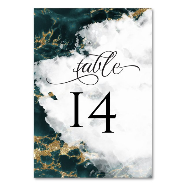 Smokey Teal Watercolor Geode  BarefootBride™ Table Number (Front)