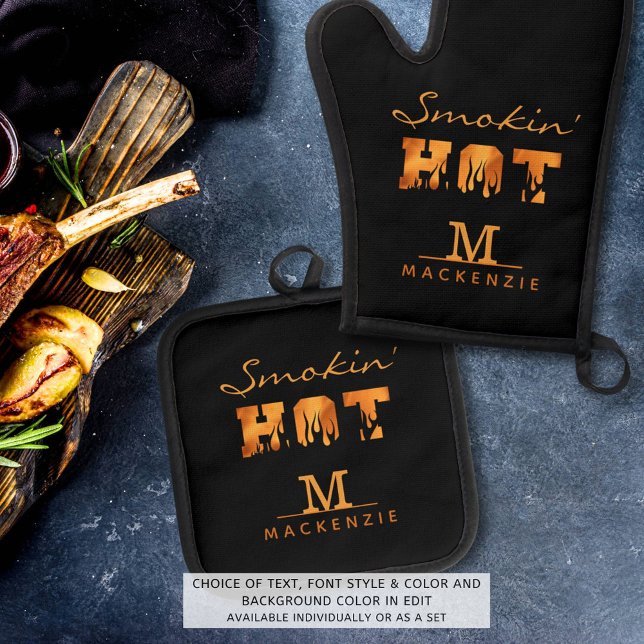 SMOKIN HOT Monogram Name BBQ Oven Mitt & Pot Holder Set (Creator Uploaded)