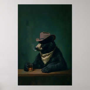 Smoking Bear Cowboy Wall Art, Vintage Bar , Moody Poster