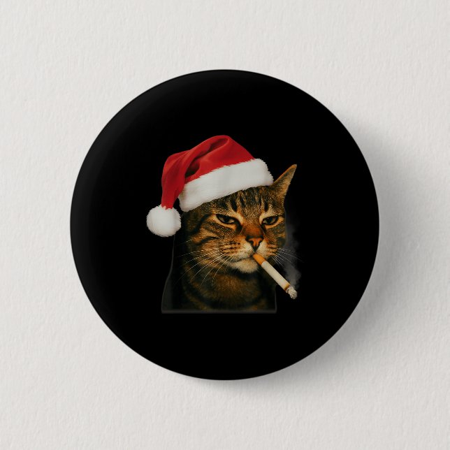Smoking Cat Cigarette Christmas Santa Hat Cat Meme Button (Front)