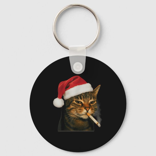 Smoking Cat Cigarette Christmas Santa Hat Cat Meme Keychain (Front)