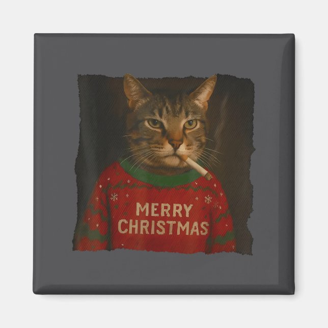 Smoking Cat Cigarette Christmas Santa Hat Cat Meme Magnet (Front)