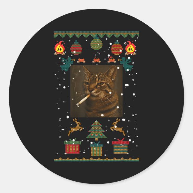 Smoking Cat Cigarette Meme Sarcasm Ugly Christmas  Classic Round Sticker (Front)