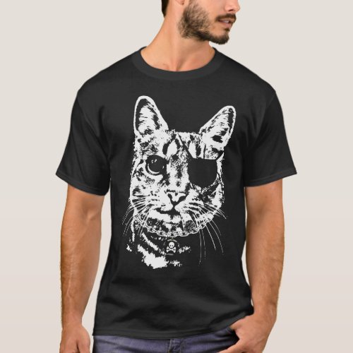 Smoking Cat With Eye Patch Pirate Skull Crossbones T_Shirt