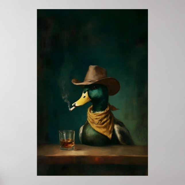 Smoking Duck Cowboy Bar Wall , Vintage Funny Poster (Front)