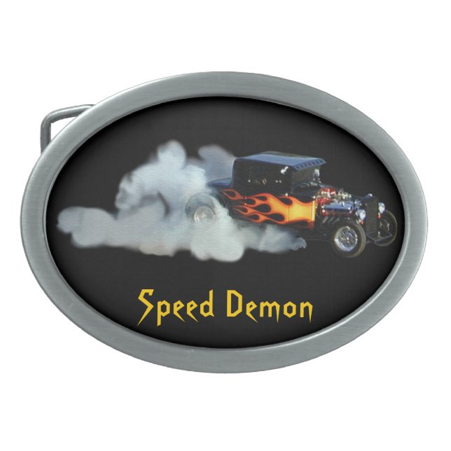 Smoking Flaming Drag Car Speedway Drivers Buckle Oval Belt Buckle (Front)