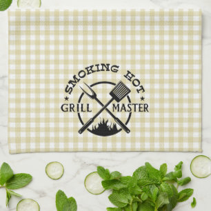 Smoking Hot Grillmaster Tan Gingham Check Kitchen Towel