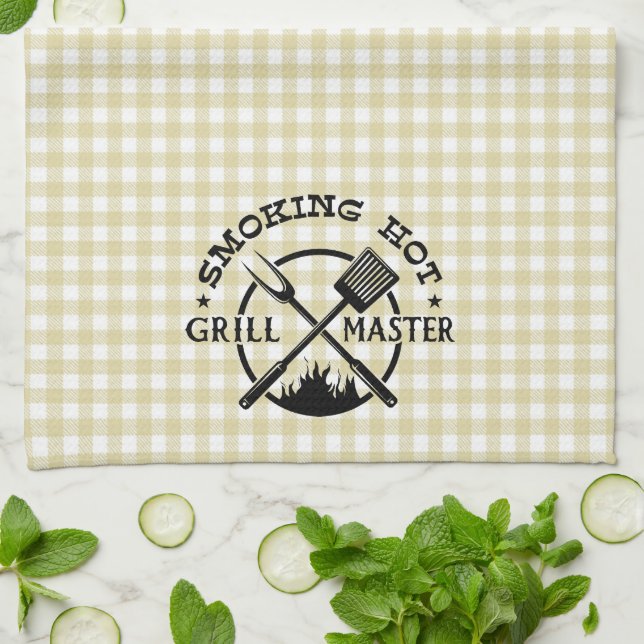 Smoking Hot Grillmaster Tan Gingham Check Kitchen Towel (Folded)