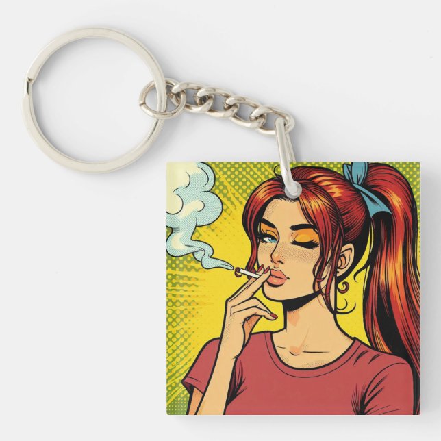 Smoking lovers | Pop art | Girl Stoner | Cigarette Keychain (Front)