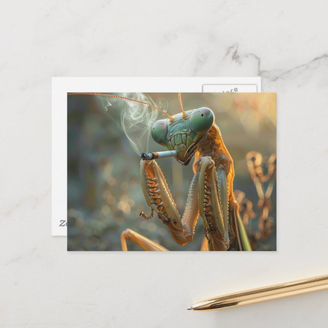 Smoking Mantis Surreal Postcard (Front/Back In Situ)