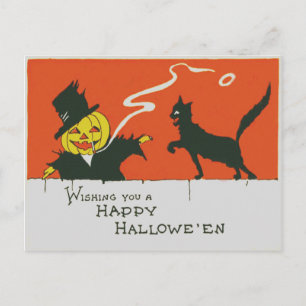 Smoking Scarecrow Jack O' Lantern Black Cat Postcard