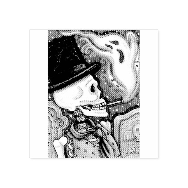 SMOKING SKELETON, CEMETERY RUBBER STAMP (Imprint)