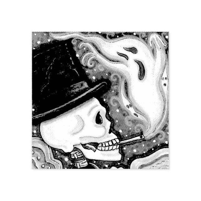 SMOKING SKELETON, CEMETERY RUBBER STAMP (Imprint)
