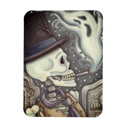 SMOKING SKELETON WITH GHOSTS IN SPOOKY CEMETERY MAGNET