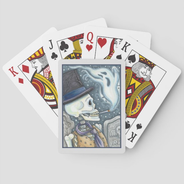 SMOKING SKELETON WITH GHOSTS IN SPOOKY CEMETERY POKER CARDS (Back)