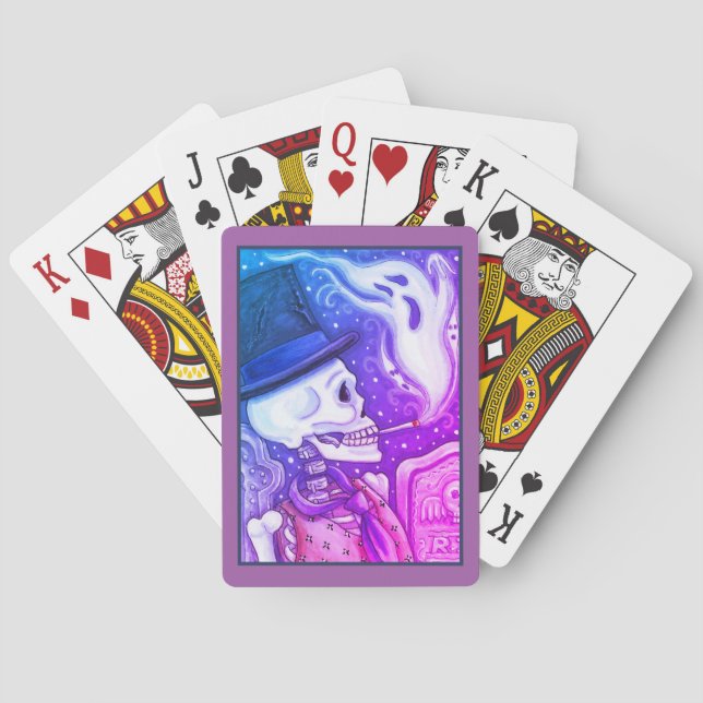 SMOKING SKELETON WITH GHOSTS IN SPOOKY CEMETERY POKER CARDS (Back)