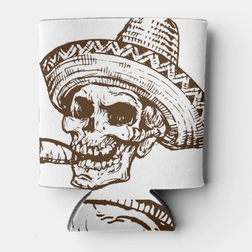Smoking Skull Mexican Hat Illustration Can Cooler