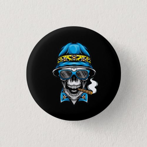 smoking skull wearing bucket hat button
