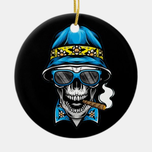 smoking skull wearing bucket hat ceramic ornament