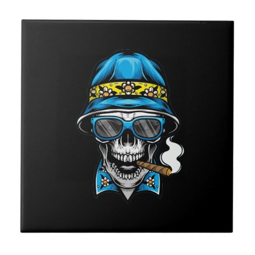 smoking skull wearing bucket hat ceramic tile