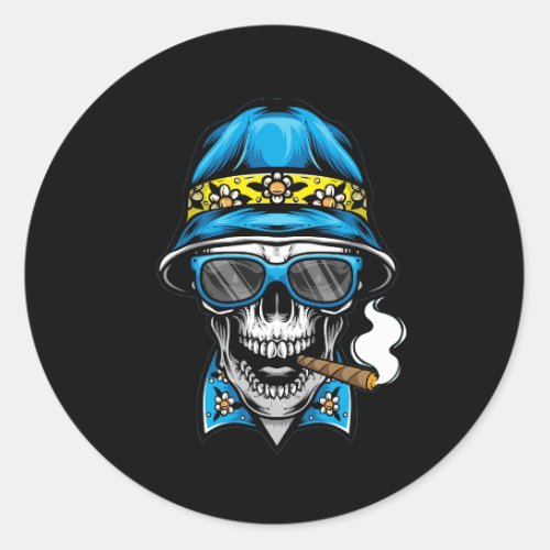 smoking skull wearing bucket hat classic round sticker