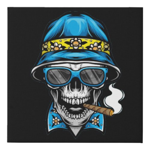 smoking skull wearing bucket hat faux canvas print