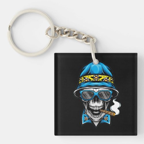smoking skull wearing bucket hat keychain