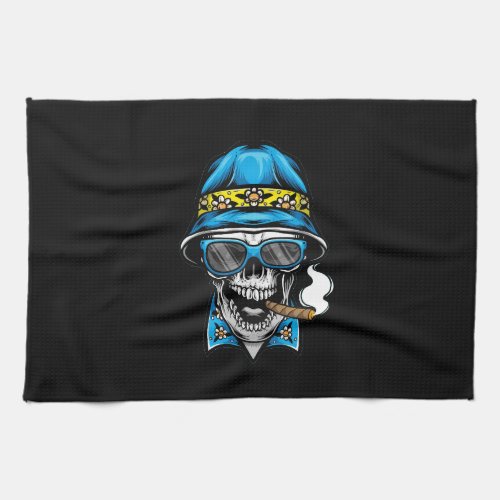 smoking skull wearing bucket hat kitchen towel