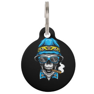smoking skull wearing bucket hat pet ID tag