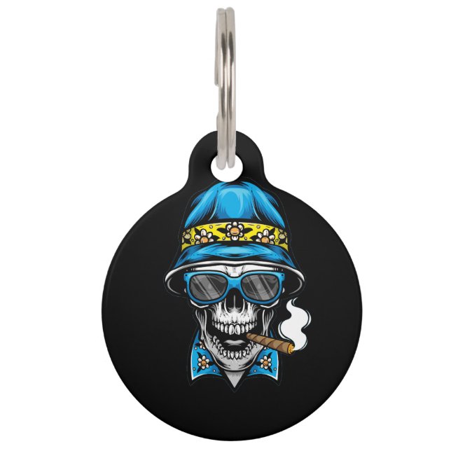 smoking skull wearing bucket hat pet ID tag (Front)