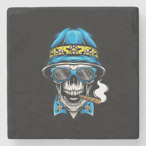 smoking skull wearing bucket hat stone coaster