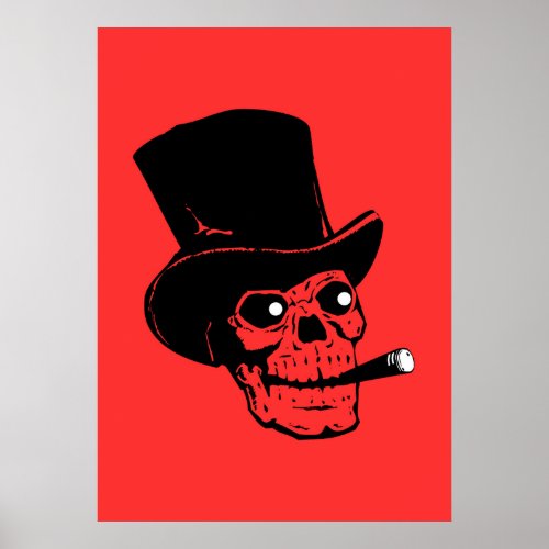 Smoking Skull with Black Top Hat Retro Red Graphic Poster