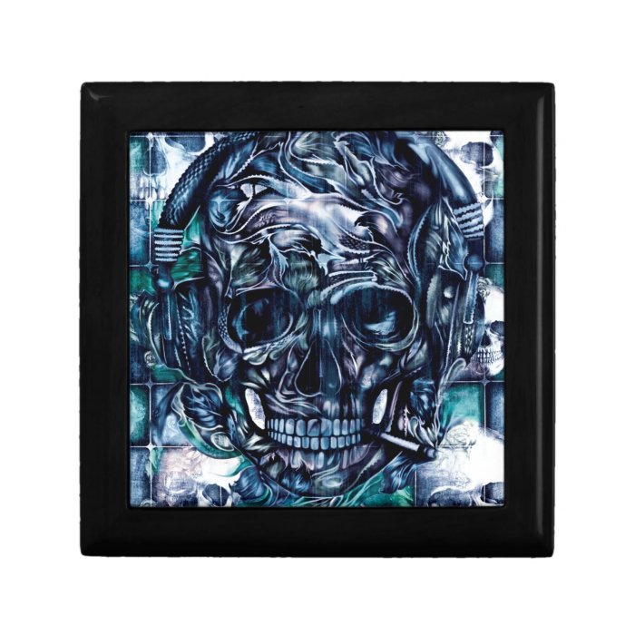 Smoking skull with headphones. jewelry boxes