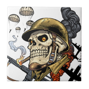 Smoking Skull with Helmet, Airplanes and Bombs Ceramic Tile