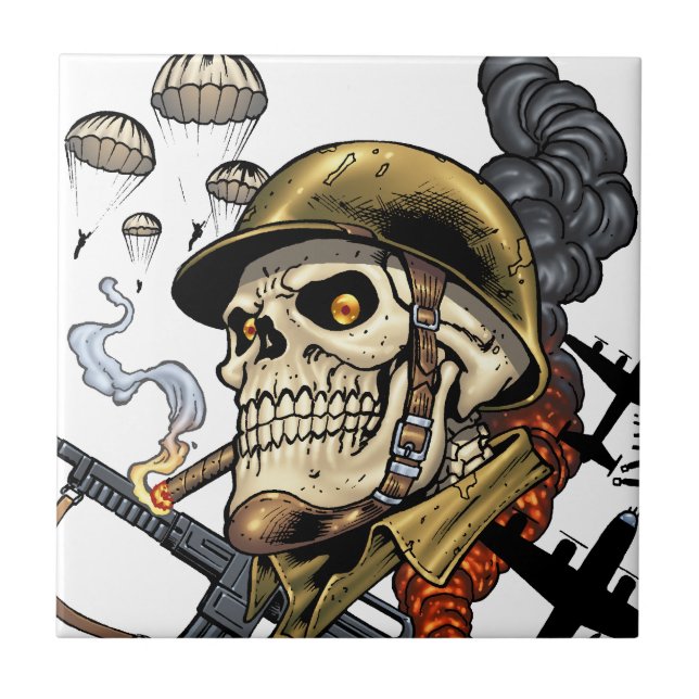 Smoking Skull with Helmet, Airplanes and Bombs Ceramic Tile (Front)