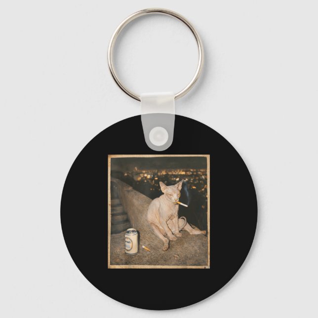 Smoking Sphynx Cat Meme Funny Illustration Keychain (Front)