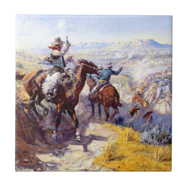 “Smoking Them Out” Western Art by Charles M Russel Ceramic Tile (Front)