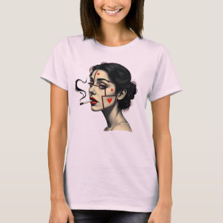 Smoking Woman Art with Heart Icon Face T-Shirt