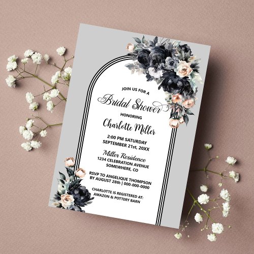 Smoky Black Floral Arch Bridal Shower Invitation