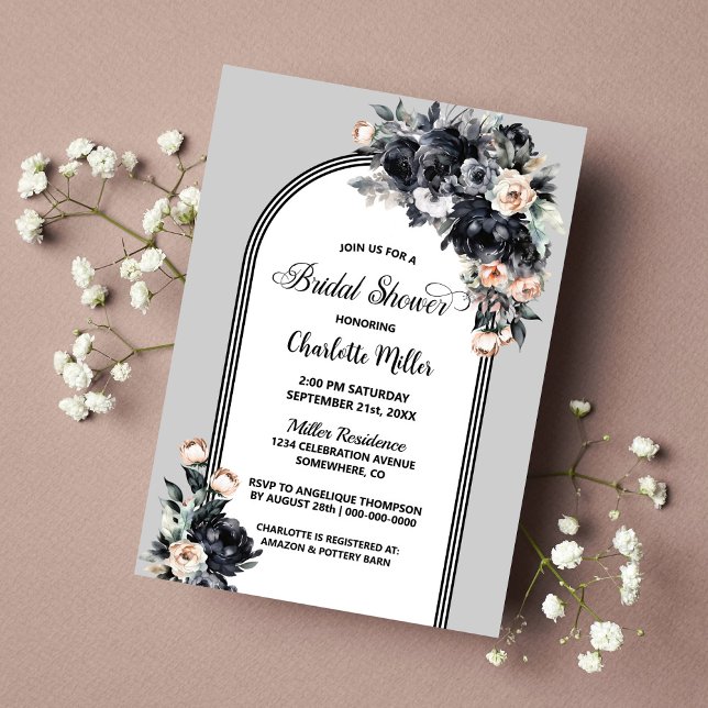 Smoky Black Floral Arch Bridal Shower Invitation (Creator Uploaded)