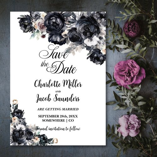 Smoky Black Floral Wedding Save the Date