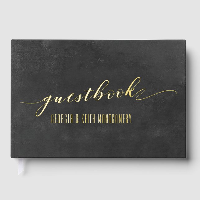 Smoky Black & Gold Elegant Wedding  Foil Guest Book (Front)