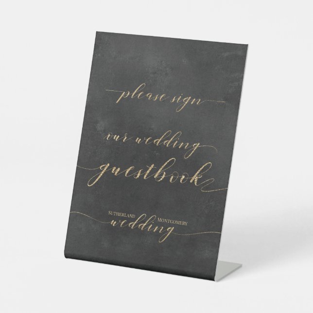 Smoky Black & Gold Elegant Wedding  Guest Book Pedestal Sign (Front)