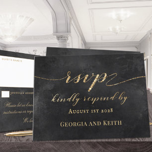 Smoky Black & Gold Elegant Wedding RSVP Card