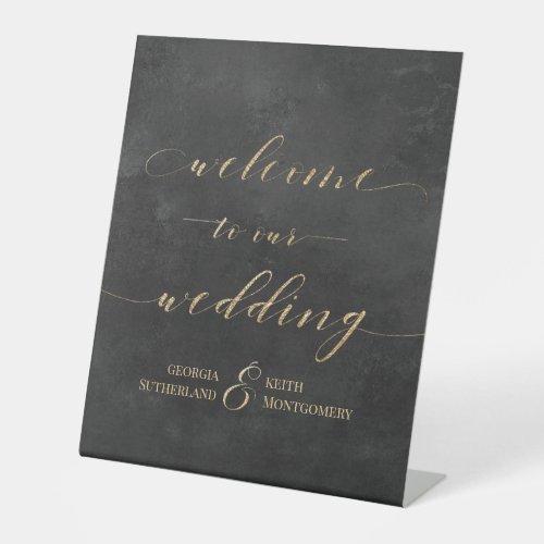 Smoky Black  Gold Elegant Welcome To Our Wedding Pedestal Sign