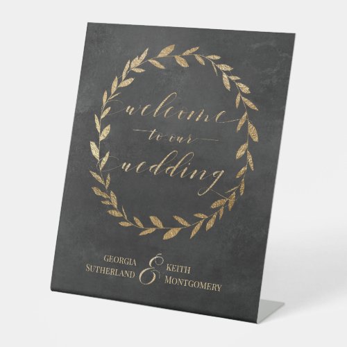 Smoky Black  Gold Wreath Welcome To Our Wedding Pedestal Sign