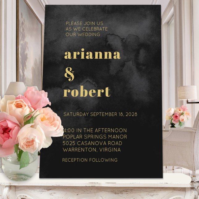 Smoky Black Watercolor Canvas Modern Gold Wedding Invitation (Creator Uploaded)
